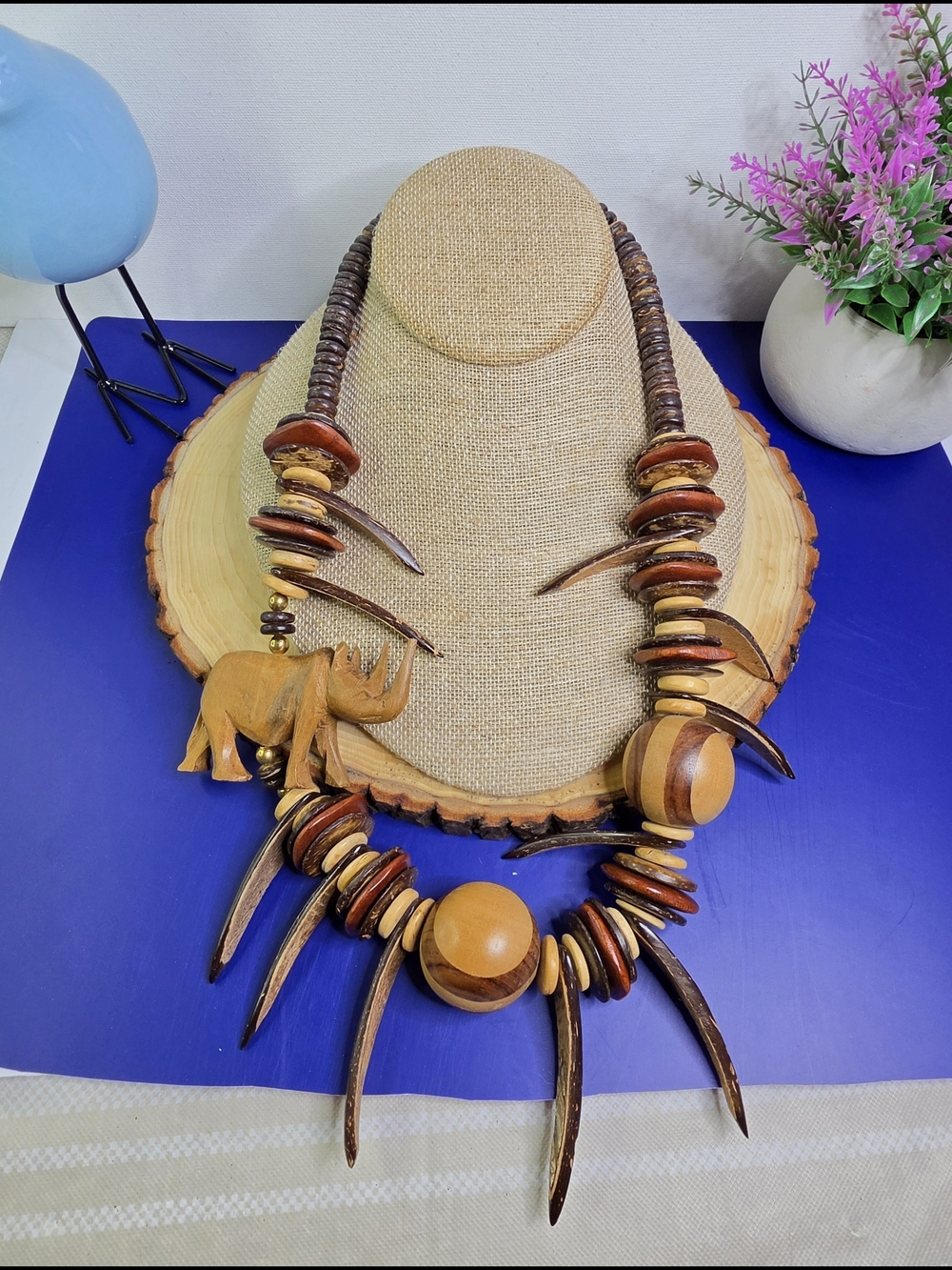 Wooden/Coconut Shell Tribal Statement Necklace with Carved Rhino Accent